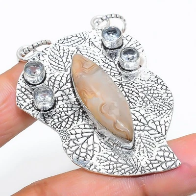Pazzo Pizzo Agata,Topazio Bianco Gemma 925 Argento Sterling Ciondolo Gioielli - Immagine 1 di 4