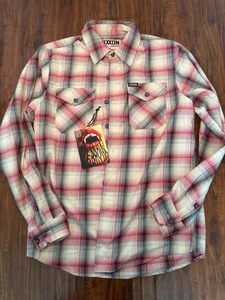 Dixxon Shirt Mens SZ S Beige Red Plaid Button Up The Bronx Flannel Pockets - Picture 1 of 6