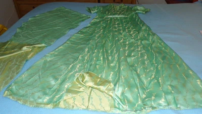 Maxi cintura imperio satinado verde y dorado estilo años 60 de colección maxi con chal Foto 1 de 4