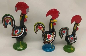 3- Traditional Portuguese Metalic Black Good Luck Rooster Hand Painted 3" To 4" - Picture 1 of 5