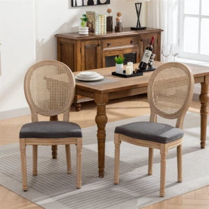 Set of 2 French Country Solid Wood Linen Fabric Rattan Back Dining Chair Gray - Picture 1 of 13