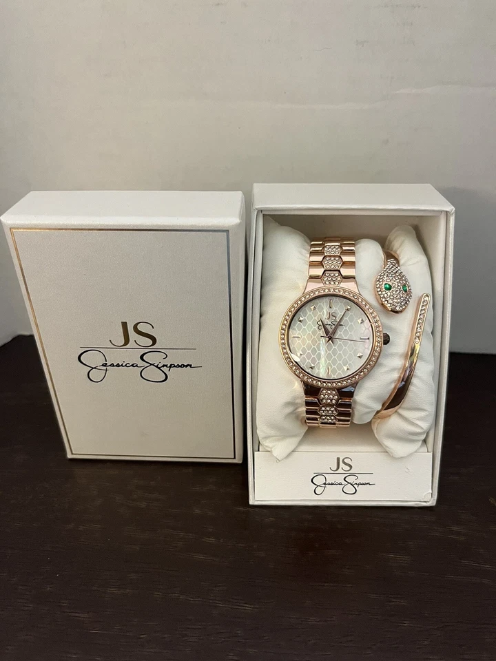 Jessica Simpson Bracelet And Watch Set Rose Gold Tone with Faux Rhinestones NIB - Image 1 of 2