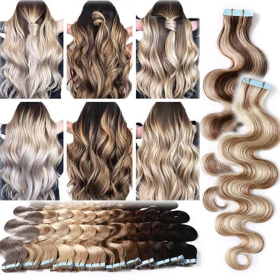 Wavy Skin Weft 150G Tape In Real Remy Human Hair Extensions Thick 12-24Inch SALE - Image 1 of 4