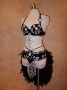 Vegas Showgirl Rhinestone Sequin Feather Burlesque Circus Costume Dress S/M - Picture 1 of 9