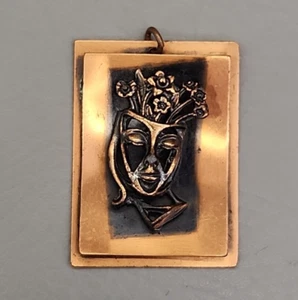Copper Pendant Handmade Artisan Mask Face 3D Relief Vintage Jewelry 2.25" - Picture 1 of 10