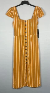 Trixxi Dress Womens Med Gold Striped Midi Short Flutter Sleeves Tie Back NWT - Picture 1 of 8