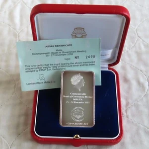 MALTA 2005 COMMONWEALTH HEADS 100g PAMP SA .999 SILVER PROOF INGOT - boxed/coa - Picture 1 of 4