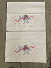 Vintage Pair Pillowcases W Lav Blue Flowers Tied By 2 Doves W Pink Bow Euc