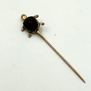 14K Yellow Gold Turtle & Real Scarab Stick Pin Egyptian Revival Green Insect Bug