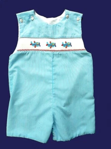 Boys Petit BebeSmocked Airplanes Blue Striped Shortall Romper 24 mos - Picture 1 of 3