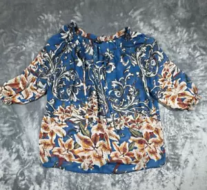 KAKTUS Womens Floral Boho Peasant Top Blouse Plus Size 1X Blue Orange 3/4 Sleeve - Picture 1 of 5