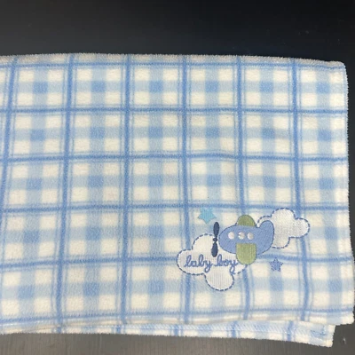 Carters Just One Year Blue White Plaid Checks Baby Boy Blanket Airplane Fleece - Image 1 of 4
