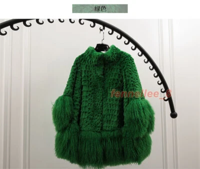 Women Real Rabbit Fur Coat Mongolian Fur 3/4 Flared Sleeve Jacket Outwear Parka - Image 1 of 4