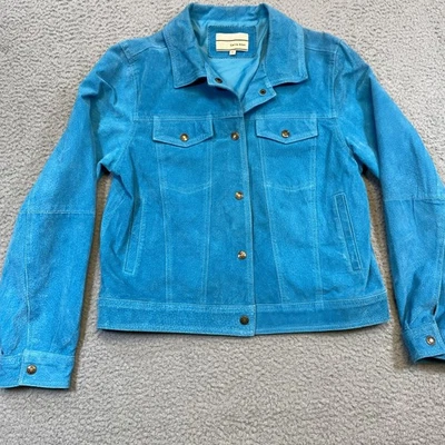 Carrie Allen Jacket Womens L Turquoise Leather Suede Trucker Snap Button Genuine - Image 1 of 4