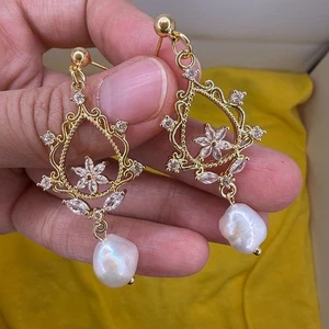 Natural Freshwater Pearl Earrings Bridal 14K Gold Plated Zircon Jewelry Women - Picture 1 of 13