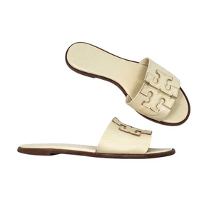 Tory Burch Ines Slides Sandals Calf Leather New Cream Gold 50109 Size US 6.5 - Picture 1 of 11
