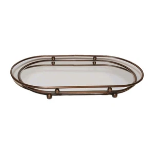 Vassoio vanità ottone metallo specchiato piedi aerodinamici art deco ispirazione vintage - Foto 1 di 17