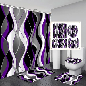 Juego de cortina de bano morado negro gris blanco con tapetes y ganchos - Imagen 1 de 12