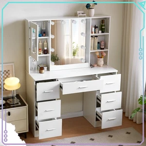 7 Drawers Vanity Desk with 10 LED Lights Makeup mirror and Shelves White Dresser - Picture 1 of 10