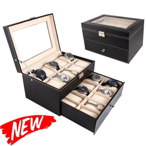 Scatola per orologi 20 slot 2 livelli espositore in pelle portagioie vetro superiore - Foto 1 di 9