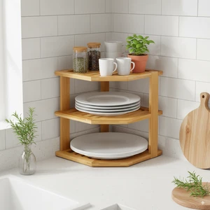 Eckregal aus Bambus 3 Ebenen Regal Holz Küche Bad Kücheneckregal stehend - Bild 1 von 10