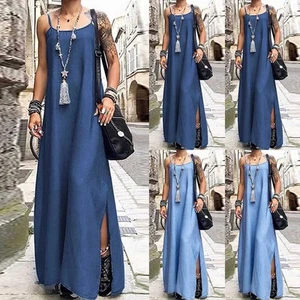 Plus Size Womens Denim Strappy Maxi Long Dress Summer Baggy Holiday Sundress - Picture 1 of 14