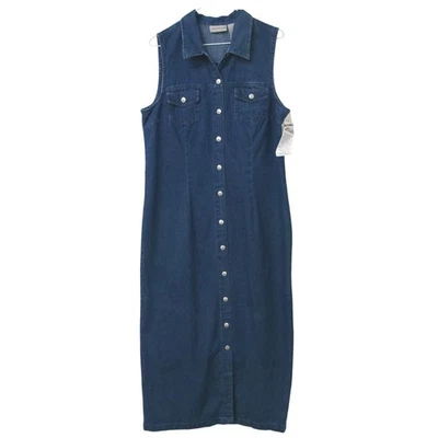 EXPRESSIONS Sleeveless Denim Dress Blue Button Front Pockets Large NWT - Image 1 of 3