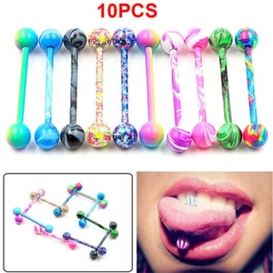 10pcs Stainless Steel Ball Barbell Tongue Rings Nipple Piercing Body Jewelry - Picture 1 of 12