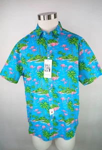 Denim & Flower Ricky Singh Shirt XL Pink Flamingo S/S Button Slim Fit Aqua Blue - Picture 1 of 10