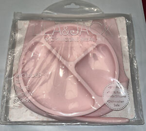 NEW LILA & JACK 4 PC Light PINK silicone meal set Bib Plate Spoon Fork 6months +