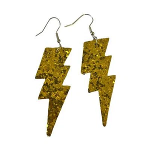 Gold Glitter Lightning Bolt Earrings Light Statement Dangle/Drop Sparkly Quirky - Picture 1 of 1
