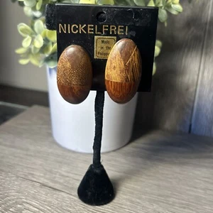 Boho Light Dark Wood Oval Clip Earrings 1.5" long - Picture 1 of 6