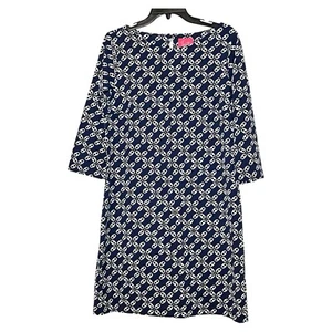 Britt Ryan Sheath 3/4 Sleeve Dress Navy White Geometric Print Sz LG Knee Length - Picture 1 of 6
