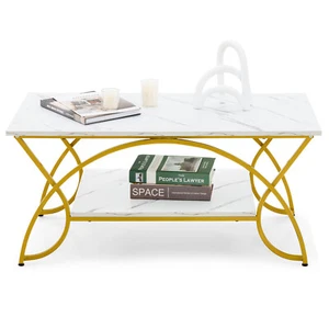 Modern 2-Tier Luxury Coffee Table w/ Mable Patterned Tabletop Living Room - Picture 1 of 8
