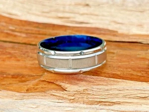 Silver Band Blue Interior Handmade Hand-Cut Design Stainless-Steel Alloy Ring - Picture 1 of 4