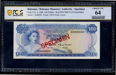 BAHAMAS SPECIMEN 100  DOLLARS  L. 1968   PICK # 33s PCGS 64  CHOICE UNC. - Image 1 of 2