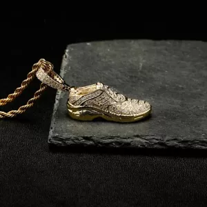 3AAA+ CZ Hop Hip Ice Out Shoe Model Pendant Necklace Real Gold Plated 20In - Picture 1 of 6