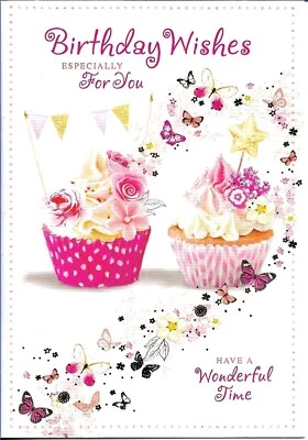 SIMON ELVIN OPEN FEMALE BIRTHDAY GREETING CARD 7"X5 BUTTERFLIES CUPCAKE PINK FEMALE DESIGN