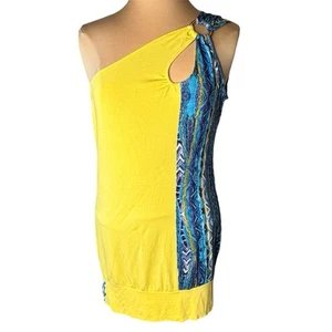 COOGI Sz XL Cold Shoulder Tank Dress Yellow Teal Aztec Summer Beach O-Ring Y2K - Picture 1 of 15