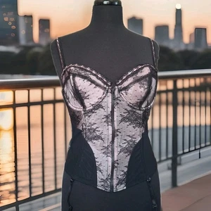 Jezebel Sexy Whimsigoth Lace Pink Black Corset Bra Bustier L Zip Lingerie Pin Up - Picture 1 of 16