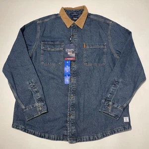 Chaps Shirt Jacket Mens L Blue Denim Cord Collar Overshirt Utility Chore Flannel - Picture 1 of 11