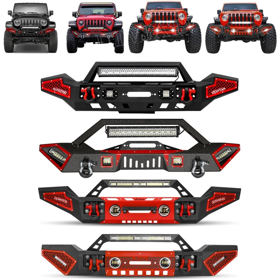Aaiwa For 2007-2025 Jeep Wrangler JK/JL/JT Front Bumper W/Winch Plate&LED Light - Image 1 of 1