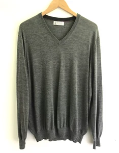 BRUNELLO CUCINELLI Cashmere Wool Sweater Gray V-neck Pullover Sz 60 or XL Italy - Picture 1 of 8