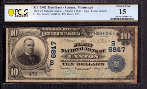 1902 DB $10 FIRST NATIONAL BANK NOTE CANTON MISSISSIPPI PCGS B CHOICE FINE F 15 - Picture 1 of 4