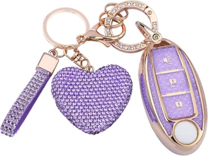 Compatiable with Nissan 3 Buttons Key Fob Cover with Diamond Bling Keychain, Car - Picture 1 of 4