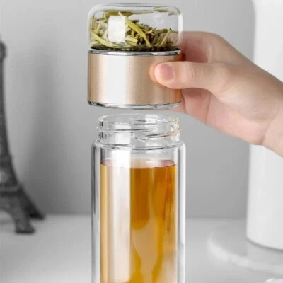 Botella de agua de té de 420 ml de vidrio de borosilicato alto taza de agua de té de doble capa, viaje Foto 1 de 4