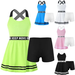 Kids Girls Tennis Dress 2 Pieces Sleeveless Golf Dress Running Workout Tracksuit - Picture 1 of 53