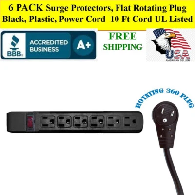 6 PACK Surge Protector, Flat Rotating Plug, 6 Outlet, Black 10 FT CORD UL Listed - Image 1 of 4