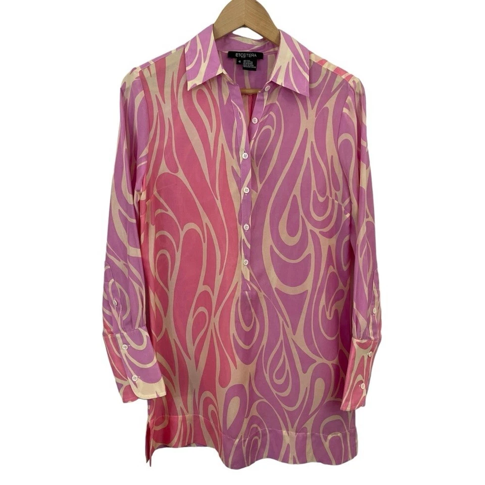 Etcetera Silk Blend Popover Tunic Womens Sz 4 Small Pink Swirl Top Blouse EUC - Imagem 1 de 4