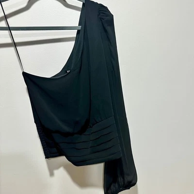 Express Black One Shoulder Pleated Blouse - Smocked Cuff, Size Medium - Image 1 of 3